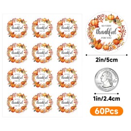 Anwyll Happy Thanksgiving Stickers - Thankful for You Stickers 60Pcs 2Inch Thanksgiving Thank You Sticker Self Adhesive Grateful Pumpkin Leaf Label Sticker for Card Envelope Holiday Fall Party Favors