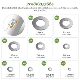 Stainless Steel Washers Set, 684 Pieces, Flat, Locking Washers Assortment, with an Assortment Box, Total 9 Different Sizes (M2 M2.5 M3 M4 M5 M6 M8 M10 M12)