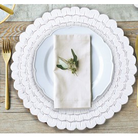 White Wood Charger for Dinner Plates Set of 2 - Decorative Scalloped Design 13 Inch Round Wooden Placemat for Dining Table Décor, Family Gathering, Wedding, Christmas, Party, Events & Everyday Use