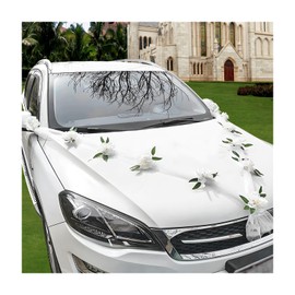 BWBWND Wedding Car Decorations, Artificial Flowers Bouquet & Ribbon Set Car Front Wedding Decor, Floral Ribbon Set Bridal Cars Decoration for Rear View Mirror Engine Hood