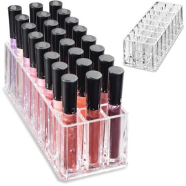 ByAlegory Organizador de brillo de labios acrílico y soporte de maquillaje de belleza, 24 contenedores de organización de espacio para brillo de labios/productos de pintalabios altos, transparente