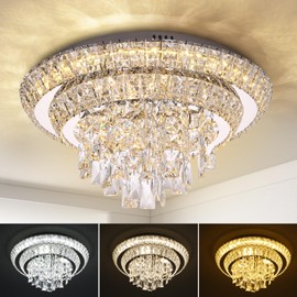 REDSTAR 18" Crystal Ceiling-Light Flush Mount with Remote Control, Colors Temp & Brightness Adjustable, Modern Crystal Raindrop Chandeliers for Bedroom Hallway Dinning and Living Rooms-Round