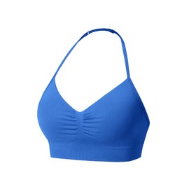 YEOREO SoftHue Women Halter Sports Bra Longline Strappy Bras Vanie V Neck Padded Seamless Open Back Workout Gym Crop Top Electric Blue S