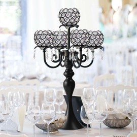 kolnlala 22.5 Inch Black 5-Arm Tea Light Crystal Candle Holder/Candlestick, Exquisite and Gorgeous Crystal Candelabra Table Centerpiece for Wedding/Holiday Events, Parties & Home Decor