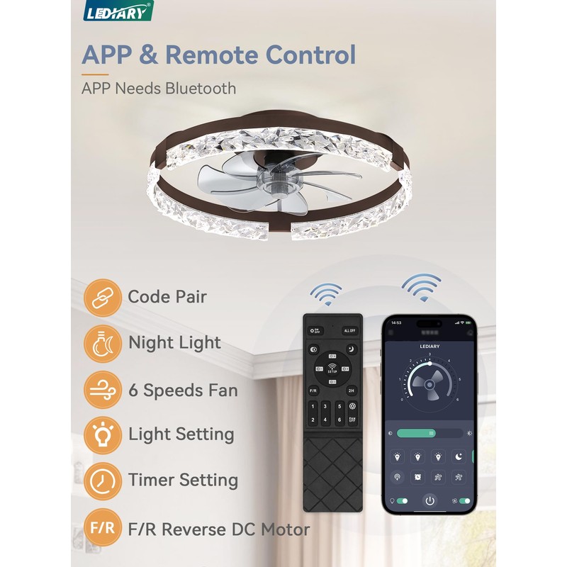 LEDIARY 20 Inch Low Profile Ceiling Fans with Lights and