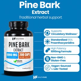 Healthfare Pine Bark Extract 6000mg French Maritime | 200 Vegan Capsules | Standardized 95% OPC Proanthocyanidins | Antioxidant Herbal Supplement | Non-GMO, Gluten-Free | Made in USA