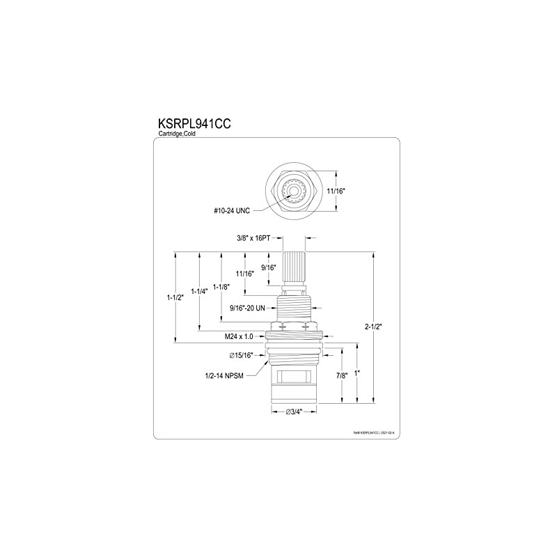 Kingston Brass KSRPL941CC Cold Cartridge, 3/8" x 16PT in Polished