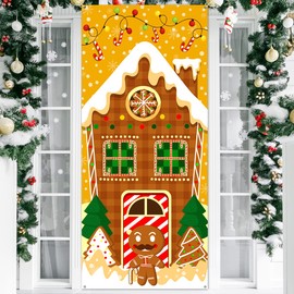 Christmas Gingerbread Door Cover Decorations Gingerbread House Door Banner for Front Door Decor Winter Holiday Christmas Eve Home Party Decoration Supplies Indoor/Outdoor 70 x 31 Inches