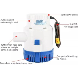 Dasmarine 12V 3000GPH Electric Bilge Pump for Boat Marine Submersible Sump Water Transfer