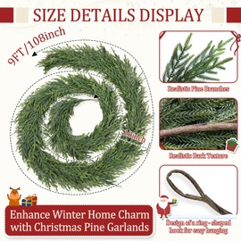 Tulvend 9FT Christmas Pine Garland - Real Touch Green Garland - Artificial Realistic Cedar Garlands for Mantel, Staircase, Tabletop - Indoor Outdoor Winter Christmas Decor