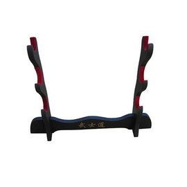 Handmade Sword - Black Wood 3 Tier Table Stand with “Bushido” Kanji for Katana & Wakizashi Swords, Red Felt on The Arch, Sword Table Display Holder