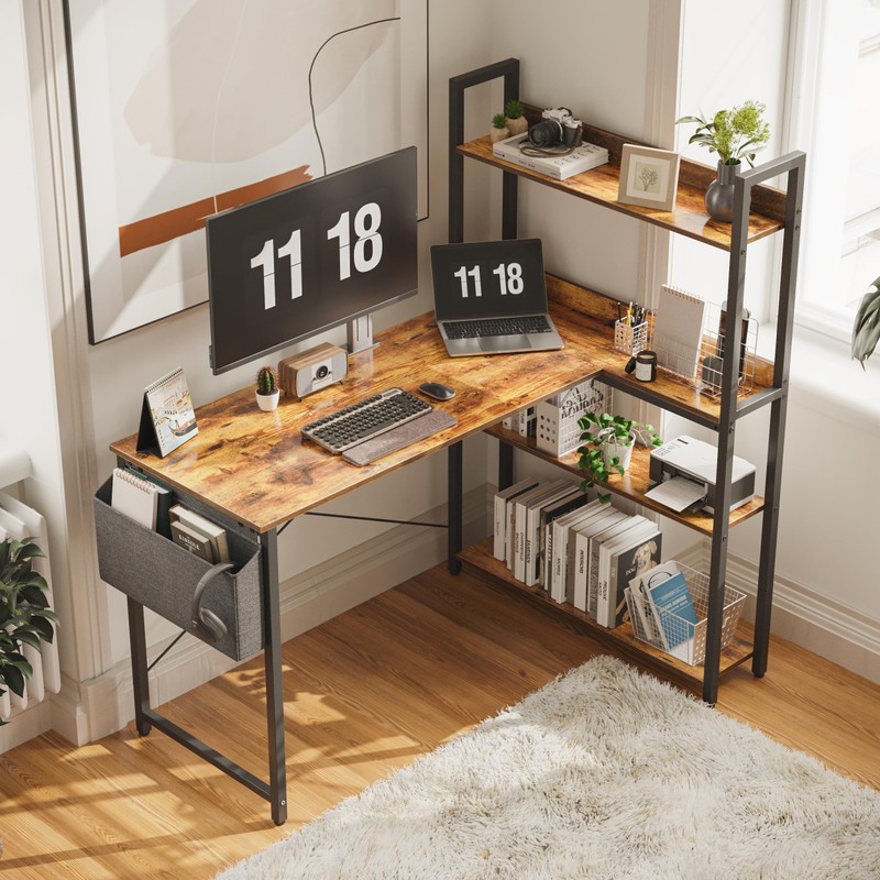 Treesland 55 Inch Computer Desk with Storage Shelves, L Shaped