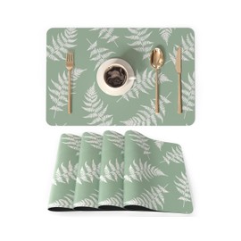 QIYI Placemats Set of 4, 12x18 Inch PU Leather Place Mats for Kitchen Dinning, Heat Resistant Anti Slip Green White Table Mats, Waterproof Wipeable Washable Placemat Party Table Décor, Fern Leaves