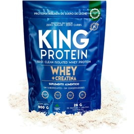 KING PROTEIN Aislado de suero de leche puro y sin sabor con monohidrato de creatina 23 g de proteína, 5 g de creatina y BCAA Sin carbohidratos, conservantes, soja ni gluten 900 g, 30 raciones