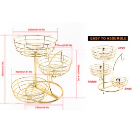 Livabber Fruit Basket Bowl with Banana Hanger, Fruit Vegetable Storage Basket with Banana Tree Holder for Kitchen Counter, Detachable Organizer for Bread Snack Produce (Gold, 3-Tier Metal Base)
