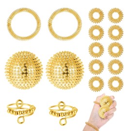 Skills Borderline, 2 Anxiety Ring Gold, 10 Acupressure Ring, 2 Acupressure Bracelets, Two Piece Hedgehog Ball, Used to Relieve Anxiety, Works on Fingers, Palms, Feet