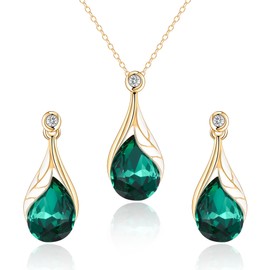 Clearine Austrian Crystal Jewellery Set Teardrop Enamel Leaf Elegant Rhinestone Pendant Necklace Earrings Set for Women Champagne Rose Gold Tone, Crystal Enamel, No Gemstone
