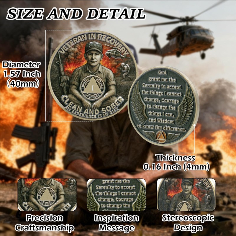 Veteran 1 Year Sobriety Coin, Clean & Sober AA Chips
