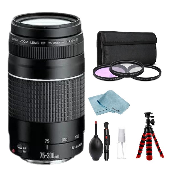 Camera EF 75-300mm f/4-5.6 III Telephoto Zoom Lens Bundle with BluebirdSales 3-Piece Filter Kit, Lens Cleaning Kit, and Flexible Tripod - Fast Autofocus DSLR Camera Bokeh Effect Lens