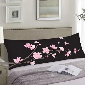 Black Body Pillow Cover Cherry Blossoms Decorative Soft Cushion Long Pillowcase with Zipper Floral Print Bedding Pillow Cases for Sofa Couch 20"x54"