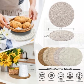 Coga 8" Trivets for Hot Dishes, Hot pots and Pans, 6 Pack Heat Resistant Hot Pads, Pot Holders for Kitchen, Hot Plate Mats for Table and Countertops, Farmhouse Decor Home Kitchen Essentials, Mix-brown