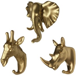 MYRU Set of 3 Elephant Head Giraffe Head and Rhino Head Wall Hooks/Hangers Animal Shaped Coat Hat Hooks (Gold)