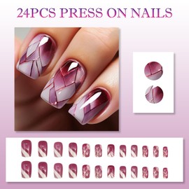 24PCS Violet Prism Press on Nails, 12 Sizes for Perfect Fit, Quick 5-Minute Application, Includes Accessory Tools, Long-Lasting Up to 3 Weeks, Full Cover Fake Nails for Women
