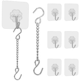 Delur 6 Pack Adhesive Wall Hooks & 2Pcs 10 Inch S-Hook Hanging Chain, Self Adhesive Ceiling Hook Sticky Heavy Duty 11lb(Max) for Stained Glass Window, Picture Hanging & Planters