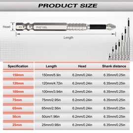 Magnetic Screwdriver Bit Set, Strong Magnetic Anti Slip Durability Screwdriver Drill Bit Set,25 50 65 70 100 120 150MM Magnetic Screwdriver Bits (7pcs)