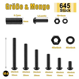 645 Pieces M4 Screws Black Set, Pan Head Screws Nuts and Washers Assortment Kit, Thread Screws Set, Machine Screws Nuts Set, Carbon Steel, Length of 8-30 mm