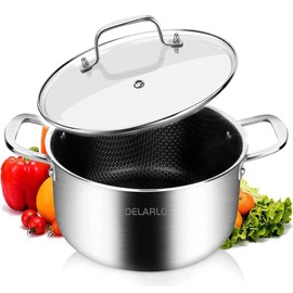 DELARLO Tri-ply Stainless Steel StockPot 5qt Nonstick, Induction Ready Cooking Pot 18/8 Food Grade, Honeycomb Soup Pot Stew Simmering Pot with Glass Lid, Dishwasher Safe