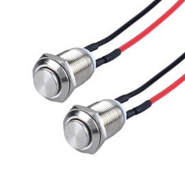 DMWD 2-Pack 12mm Momentary Metal Waterproof Push Button Switch Raised Head 1/2" Mounting Hole with Pre-soldered Cable 250V 2A 1NO