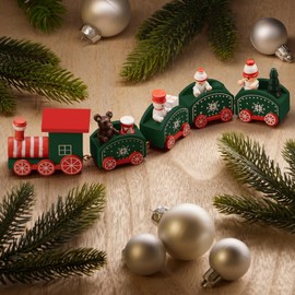 com-four® Christmas train with four wooden trailers - decorative Christmas train - Christmas table decoration, wooden train, 24cm (wood green)