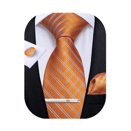 DiBanGu Plaid Ties for Men Silk Checkered Necktie and Pocket Square Cufflinks Tie Clip Set with Gift Box for Wedding Business, Burnt Orange