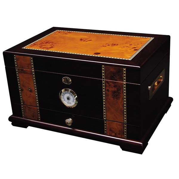 Quality Importers Solana Desktop Cigar Humidor, Rosewood with Maple-Burled Wood Inlay, Glass Hygrometer, Spanish Cedar Tray with Divider, Accessory Drawer, Holds 75-100 Cigars