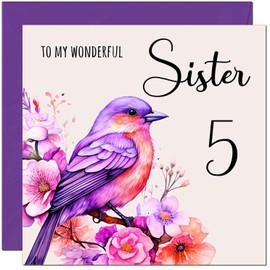 5th Sister Birthday Card - Purple Watercolour Bird Sister's Birthday Card for 5 Year old Kids five, fifth