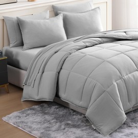 Casa Platino Queen Comforter Set Pre-Washed - 7 Piece Bed in a Bag – Soft Brushed Microfiber Queen Comforter Set – Includes Comforter, Flat Sheet, Fitted Sheet, 2 Pillowcases & 2 Shams- Silver