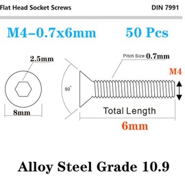 50 Pcs M4-0.7 x 6mm Flat Head Socket Cap Screws, Alloy Steel Grade 10.9, DIN 7991, Allen Socket Drive,Hex Drive,Black Oxide Finish (M4-0.7 x 6mm)