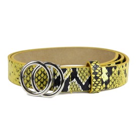 irisaa Slim women's belt with round metal buckle, two rings, waist belt with ring buckle, approx. 3 cm wide, customisable - Yellow snake with silver ring., size: 80
