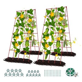DoCred Cucumber Trellis, 2 Pack Foldable A Frame Trellis for Raised Bed Climbing Plants, Vegetables, Includes Plant Support Clips, Twist Ties, Plastic Ties- Made from PVC-Coated Steel (Red)