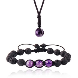 Amethyst Crystal Lava Rock Anxiety Bracelets and Necklace Set, Self Care Stress Relief Bracelet Necklace Set, Natural Stone Energy Crystal Protection Bracelets for Yoga Meditation (Amethyst)