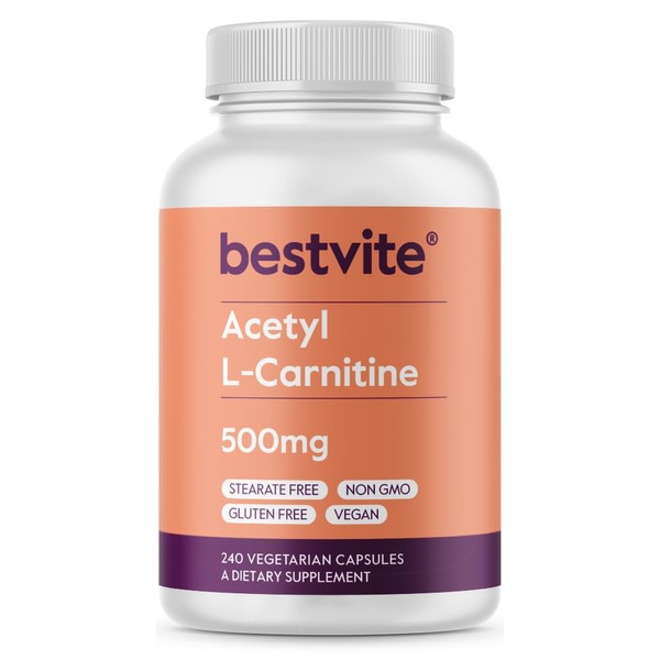 BESTVITE Acetyl L-Carnitine 500mg (240 Vegetarian Capsules) - No Stearates - Vegan - Non GMO - Gluten Free