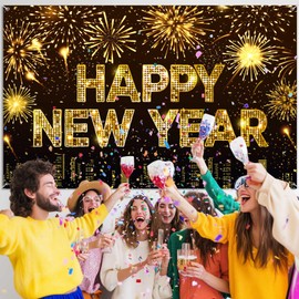 Happy New Year Banner Backdrop, Golden Fireworks New Year Eve Large Banner Party Decorations Supplies, Holiday Sign Poster Background Decor 72X44 Inch