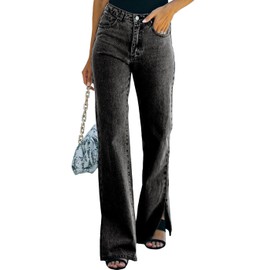 Anna-Kaci Women's Classic Boyfriend Split Jeans High Waist Wide Leg Denim Pants with Pockets, Black, Large