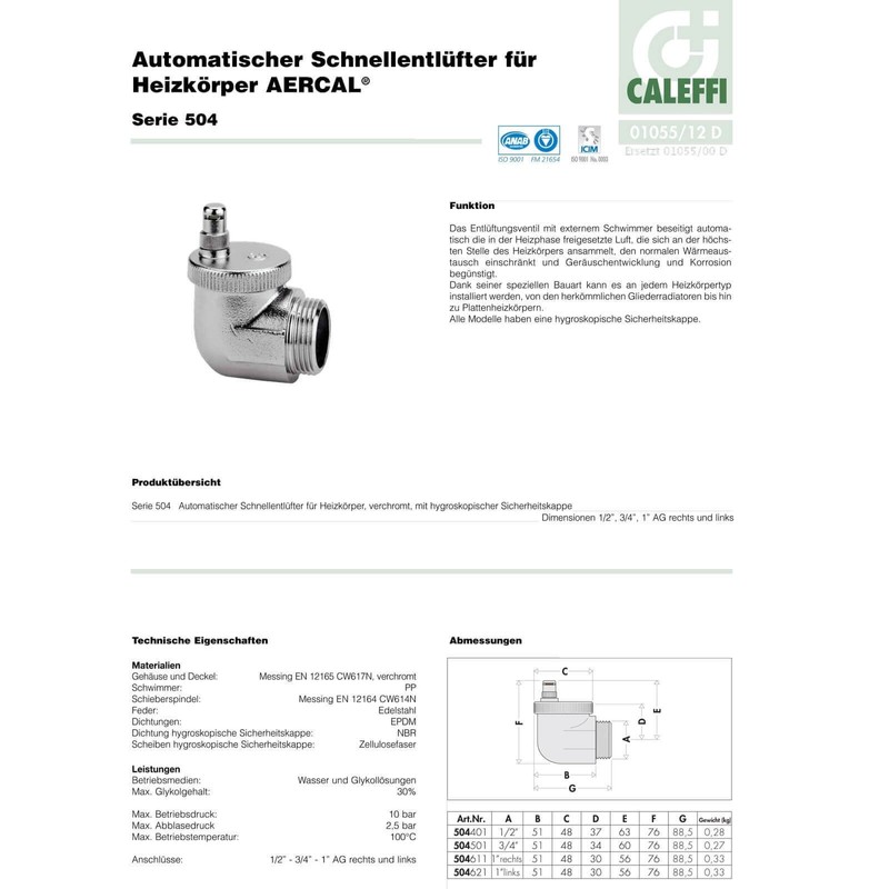 Caleffi 504401 Aercal Automatic Quick Bleeder 1/2 Inch External Thread