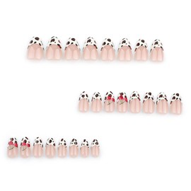 24pcs Press on Nails Short - Almond Fake Nails with Glue - Leopard Print French Tip False Nails - 12 Sizes Glue on Nails with Cherry Designs - Full Cover Cute Stick on Nails for Women Girls