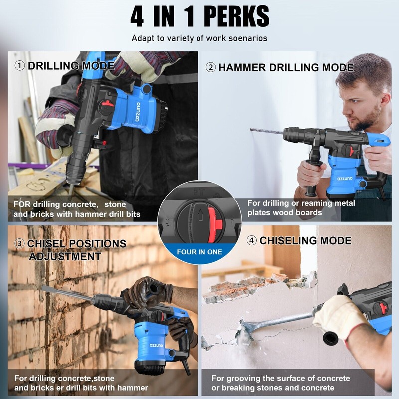 AZZUNO Heavy Duty Rotary Hammer Drill 15 Amp 1-1/4" SDS-Plus