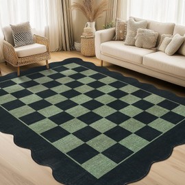GarveeHome 8x10 Washable Area Rug for Living Room Scalloped Neutral Area Rug for Bedroom Nursery Modern Checkered Offoce Carpet Low Pile Farmhouse Floor Cover Black and Green Area Rugs