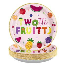50 Pcs Twotti Frutti Round Plates 10" 400 GSM Large Disposable Heavy Duty Cute Summer Fruits 2nd Birthday Paper Plate Gold Foil Dessert Platters for Girls Strawberry Lemon Two Years Birthday Supplies