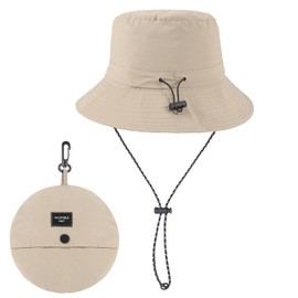 FveVqe Safari Hat, Bucket Hat with String, Waterproof Foldable Wide Brim UV Protection Boonie with Adjustable Chin Strap for Hiking Camping (Khaki)